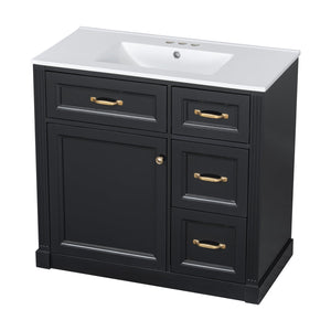 English Elm 36 Inch Bathroom Vanity With Sink & Soft-Close Drawers - Modern Black Cabinet For Smart Storage N725P336549B