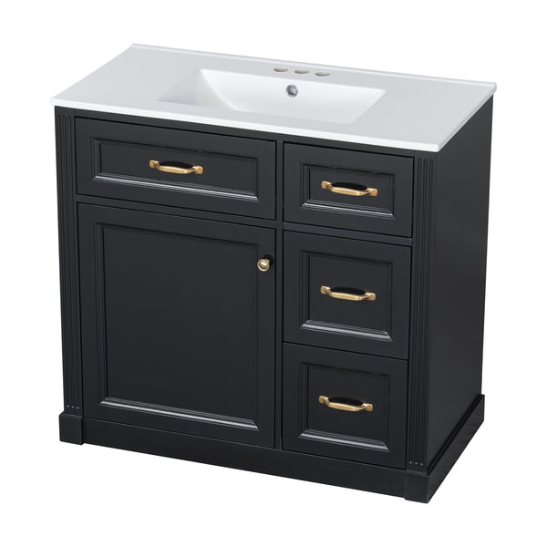 English Elm 36 Inch Bathroom Vanity With Sink & Soft-Close Drawers - Modern Black Cabinet For Smart Storage N725P336549B
