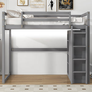 English Elm Wood Full Size Loft Bed with Built-in Wardrobe, 4-Tier Storage Shelves, LED Light, Pine MDF Durable Gray GX000463AAE