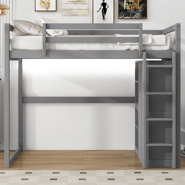 English Elm Wood Full Size Loft Bed with Built-in Wardrobe, 4-Tier Storage Shelves, LED Light, Pine MDF Durable Gray GX000463AAE