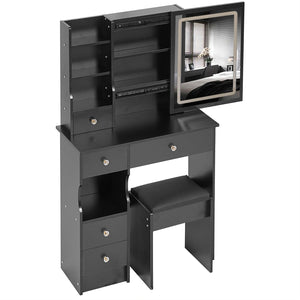 English Elm 29.2" Compact Left Drawer Vanity Table With Cushioned Stool, Touch Control Led Mirror & Storage Solution W936P202449