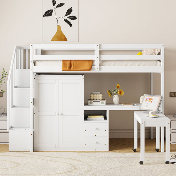 English Elm Queen Murphy Bed with Integrated Desk Cabinet Shelves Space Saving Studio Solution White N708S00013K