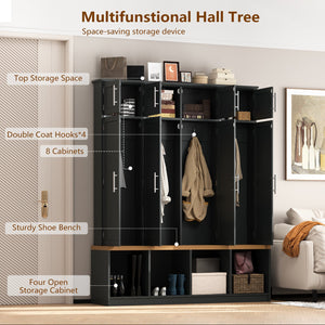 English Elm Wood Entryway Hall Tree with Bench Seating Coat Hooks Shoe Cubbies Cabinet Black W5271S00003