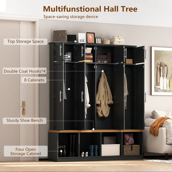 English Elm Wood Entryway Hall Tree with Bench Seating Coat Hooks Shoe Cubbies Cabinet Black W5271S00003