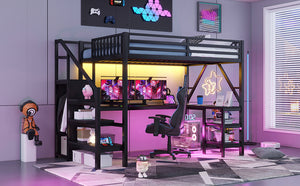 English Elm Metal Full Loft Bed with L Shaped Desk Wardrobe Rgb Lighting and Usb Charging Black W2593S00053