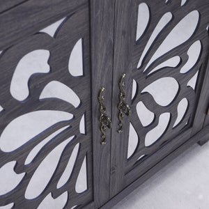 English Elm Elegant Mirrored Sideboard with Butterfly Carved Doors Wood Grain Finish Dining Storage Dark Brown W2899P372739
