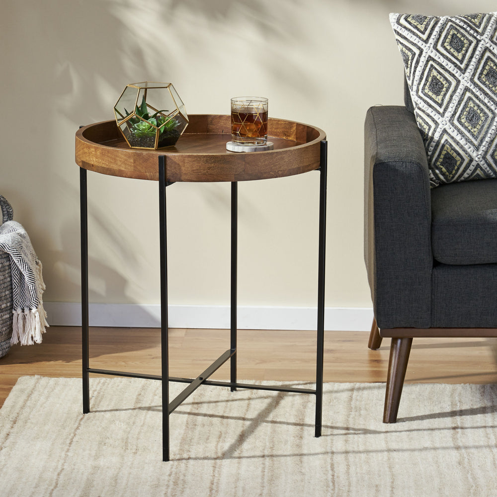 English Elm Round Mango Wood Tray Top End Table with Foldable Iron Legs for Living Room 68815.00