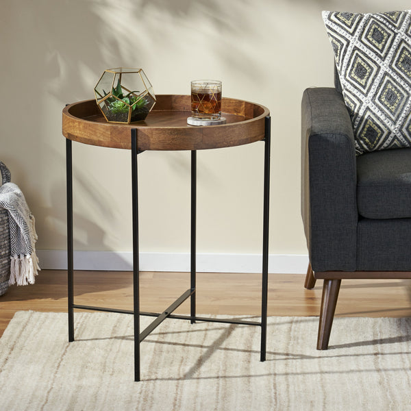 English Elm Round Mango Wood Tray Top End Table with Foldable Iron Legs for Living Room 68815.00