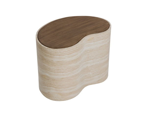 Sunpan ISHIKO Coffee Table - Sculptural Design with Warm Wood Top & Travertine Base for Modern Living Spaces 112578