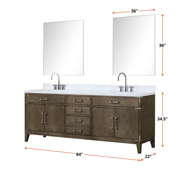 English Elm Grey Oak Double Bath Vanity With Carrara Marble Top, Faucets, & 36" Mirrors - Elegant Storage Solution B2731S01884