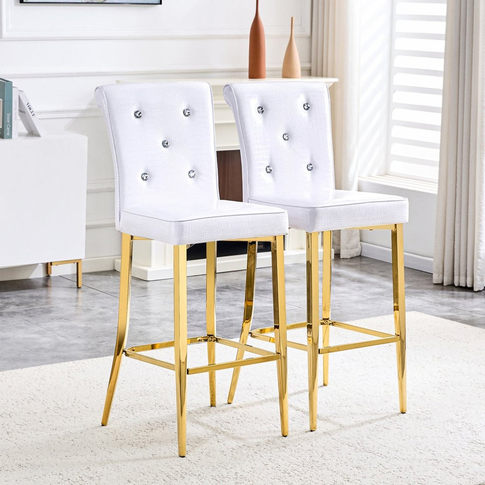 English Elm A Set of 2 Crocodile Embossed Pvc Barstools with Crystal Clasp Detail for Home Bars White W3875P383108