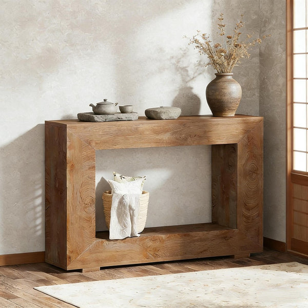 English Elm Entryway Console Table with Sculptural Stacked Wood Panels and Open Arc Base T3971P451449