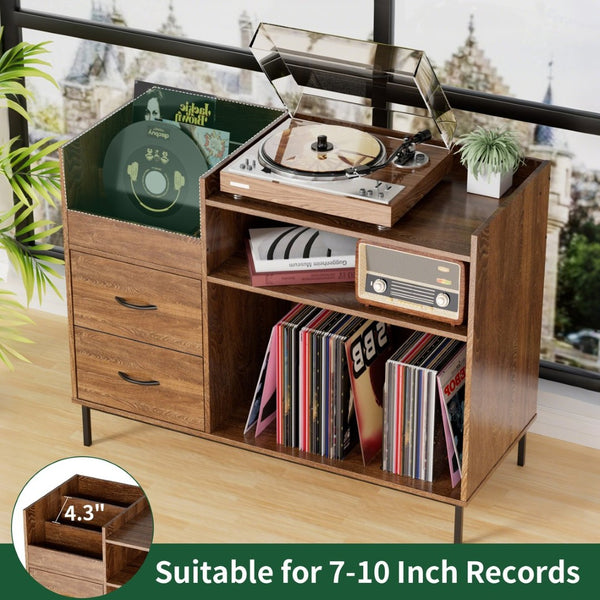 English Elm Record Player Stand with Vinyl Storage Mid-century Wood Console for Living Room T2398P438826