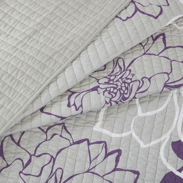 English Elm 6 Piece Reversible Cotton Quilt Set With Decorative Pillows - Floral Taupe Grey/Purple King Set B03597429
