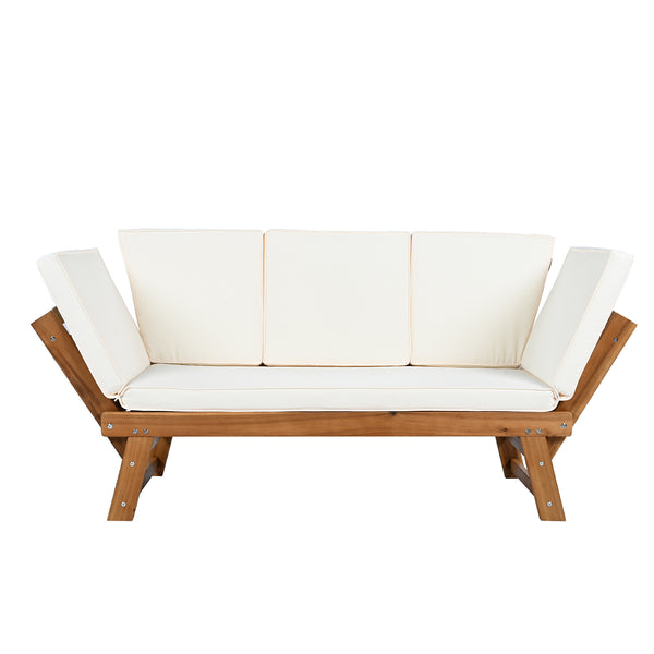 English Elm TOPMAX Outdoor Adjustable Patio Daybed Sofa with Acacia Hardwood Frame, Water-Resistant Cushions Natural+Beige SP100141AAN