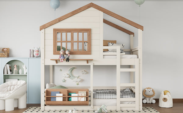 English Elm Full Bunk Bed with Trundle Bookshelf Storage Pine Frame Car Design for Kids W1580S00324