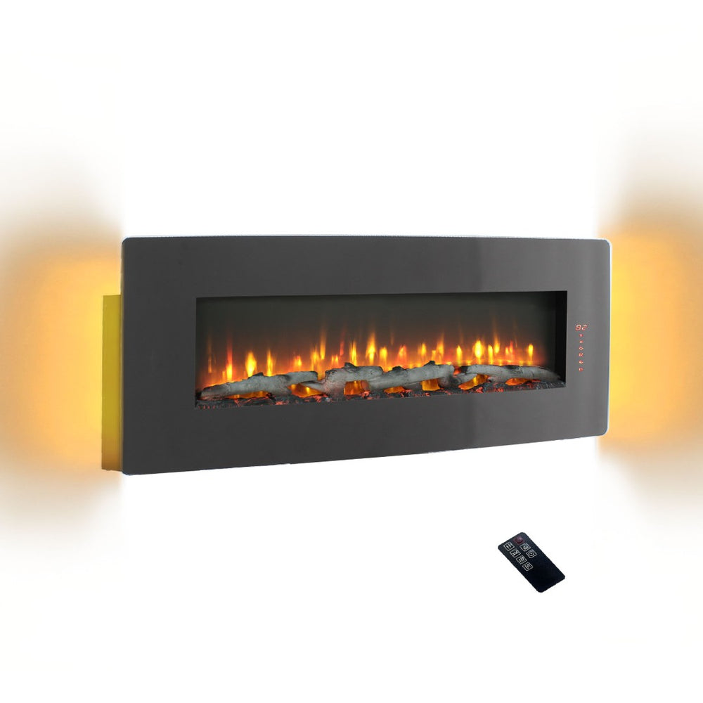 English Elm 48 Inch Curved Wall Mounted Electric Fireplace with Multi Color Flame Ember Bed W1769P199008