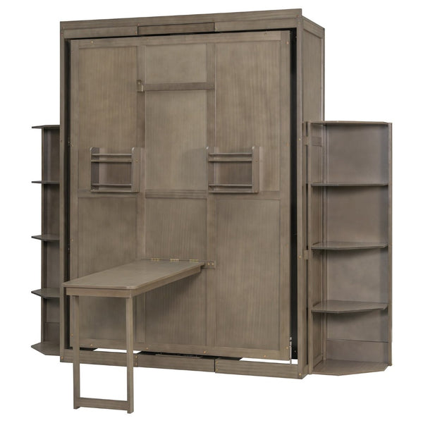 English Elm Rotating Murphy Wall Bed with Convertible Desk Dual Side Shelves Full Size Mdf Cabinet Gray LP000961AAE