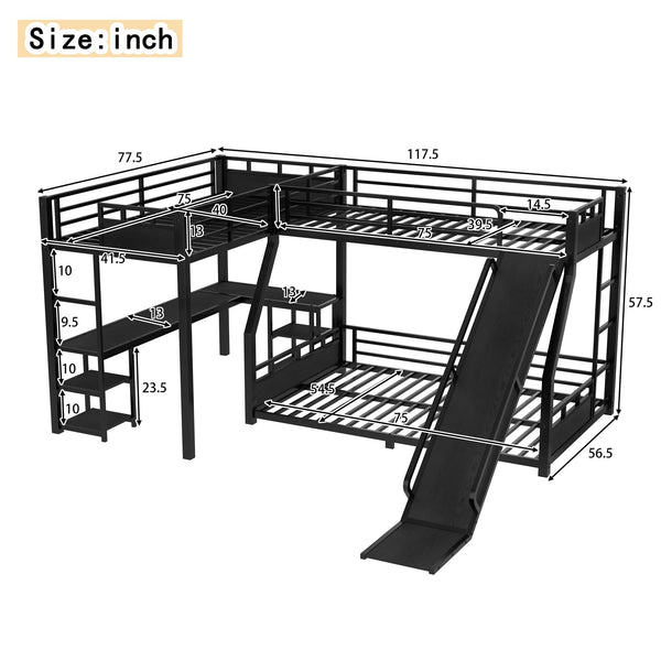 English Elm L-Shaped Metal Bunk Bed With Slide, Twin Loft, Desk & Storage Shelves - Space-Saving Design In Black! W1580S00278
