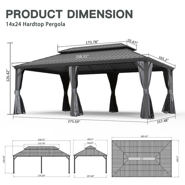 English Elm 14' X 24' Hardtop Gazebo - Durable Metal Canopy With Drainage, Insect Protection, And Privacy Curtains W1859S00155