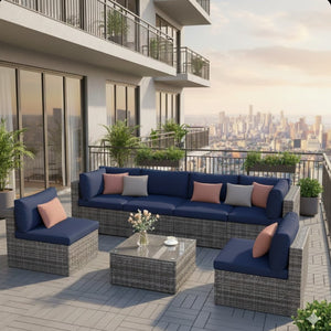 English Elm 7-piece Outdoor Modular Sectional Pe Wicker Patio Set with Tempered Glass Coffee Table Gray+Navy B082S00073