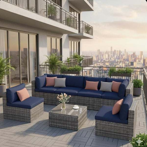 English Elm 7-piece Outdoor Modular Sectional Pe Wicker Patio Set with Tempered Glass Coffee Table Gray+Navy B082S00073