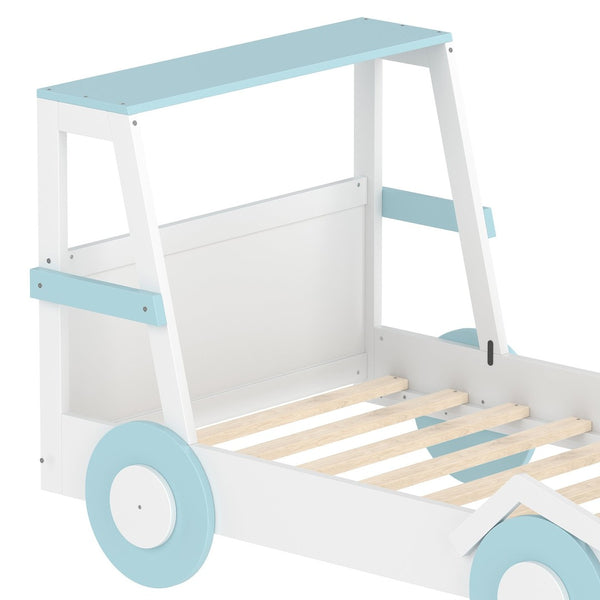 English Elm Twin Pine Treehouse Floor Bed with Padded Rails and Cabin Roofline for Kids White+Blue W1580S00470