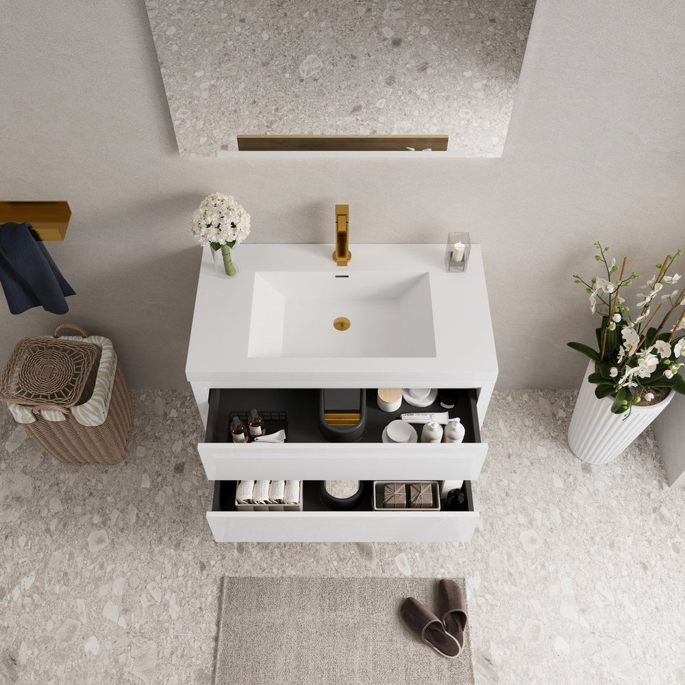 English Elm 36&30" Floating Bathroom Vanity Stone Resin Sink Soft Close Glossy White Storage W1573S00087