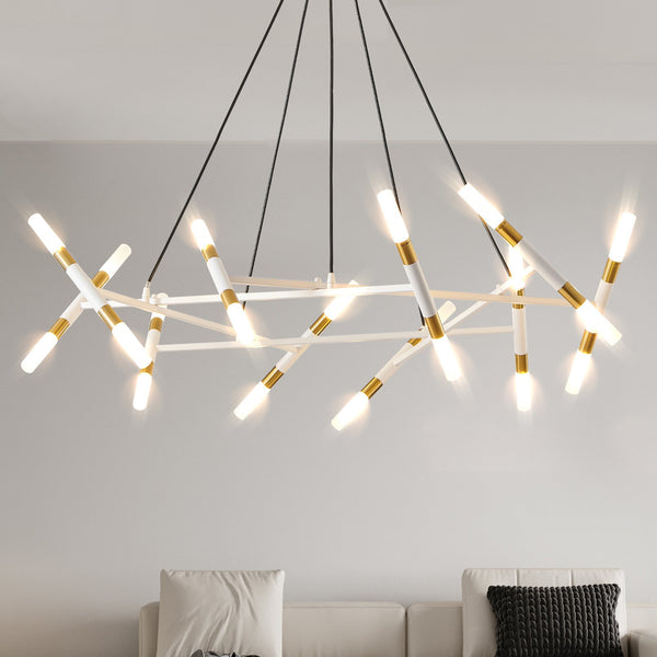 English Elm 41" White & Golden Modern Chandelier Light Fixture, 20-G9 Frosted Tubes Branch Design, Adjustable Pendant for Dining Room W1340P233170