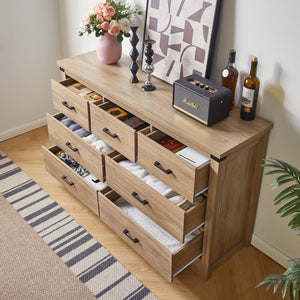 English Elm Farmhouse Seven Drawer Oak Tone Dresser Low Profile Rustic Storage for Bedroom Entryway W5368P460474