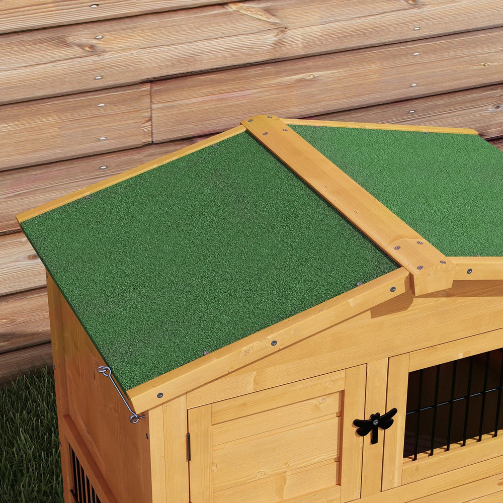 English Elm Outdoor Two-level Fir Wood Rabbit Hutch with Asphalt Roof and Wire Panels T3971P436509