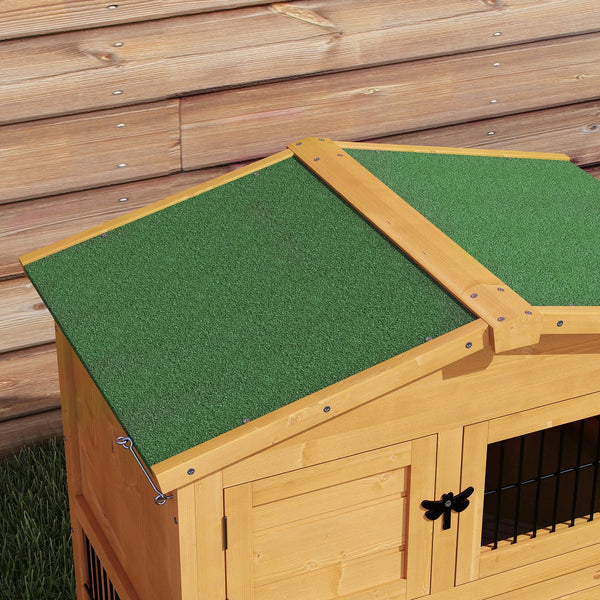 English Elm Outdoor Two-level Fir Wood Rabbit Hutch with Asphalt Roof and Wire Panels T3971P436509