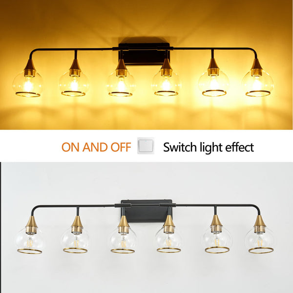 English Elm 48" Modern 6-Light Vanity Wall Sconce Black & Gold Iron Glass Fixture for Bathroom Mirror Lighting W2312P374983