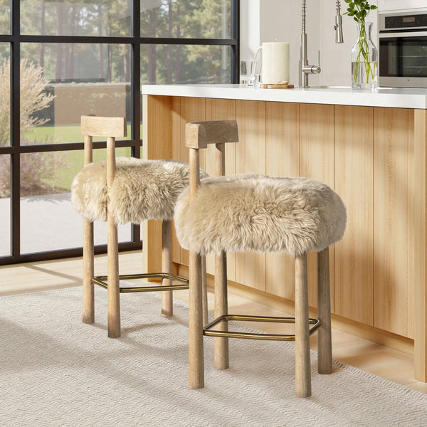 English Elm Jennifer Taylor Home - Arden 27.5" Genuine Fur Counter Height Bar Stool Natural Blonde - Sheepskin, Wood, Brass Footrest B2719P321040