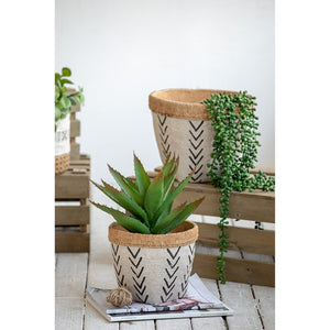 English Elm Set Of 2 Stylish White & Brown Cement Planters With Bold V Pattern For Indoor/Outdoor Plants W2078P322889-GIGA