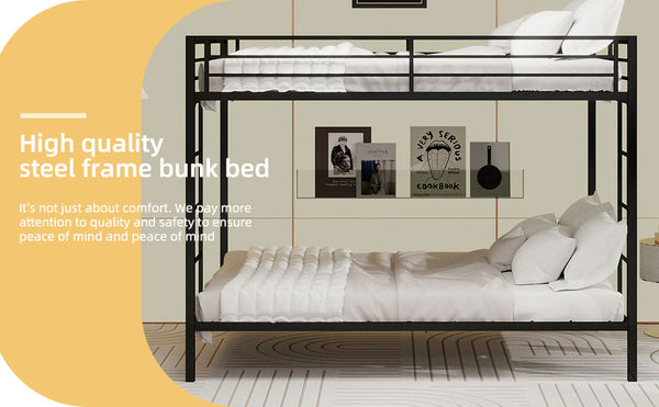 English Elm Multi-Functional Square Tube Iron Bunk Bed with Dual Ladders, Sturdy Space-Saving Frame for Rooms Black W1935P360917