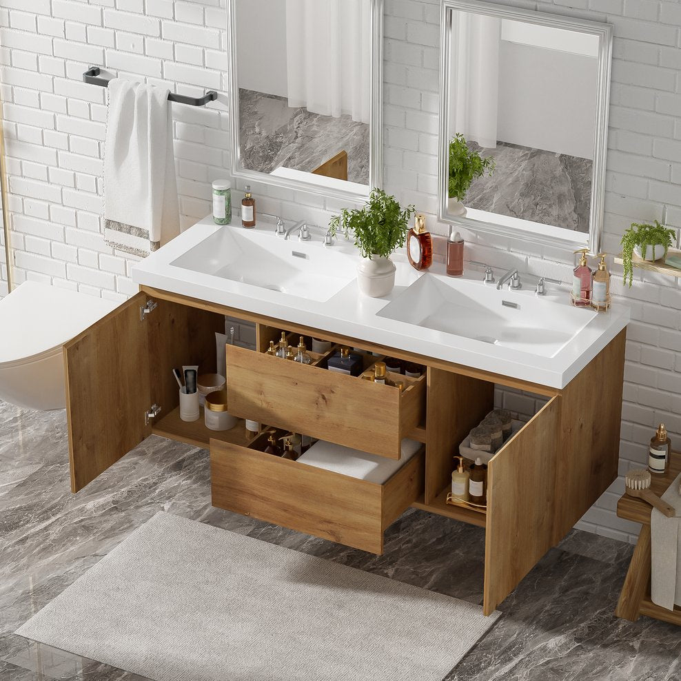 English Elm [video]59.3 Inch Wall Mounted Double Sink Vanity Wood Grain Mdf Soft Close Storage N729P000026N