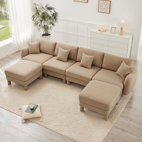 English Elm Boucle U-Shape Sectional Sofa - 4-Seater With Shell Armrests & Movable Ottomans In Coffee Color W3041S00289