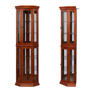 English Elm Corner Curio Cabinet Lighted Display with Mirrored Back, Adjustable Tempered Glass Shelves, Walnut W1693111239