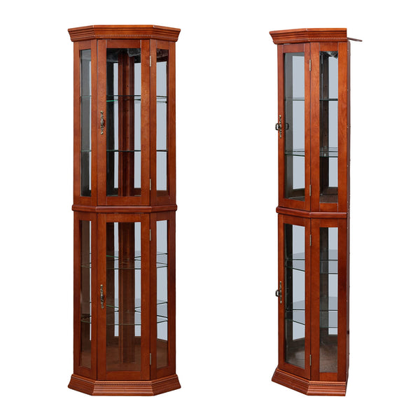 English Elm Corner Curio Cabinet Lighted Display with Mirrored Back, Adjustable Tempered Glass Shelves, Walnut W1693111239