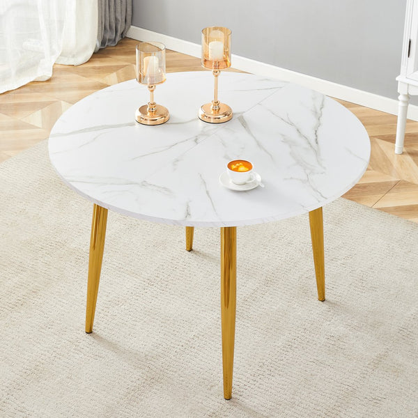 English Elm With Retractable Leaf Round Oval Mdf Top and Sleek Metal Legs Modern Dining Table White+Gold W1151S03870