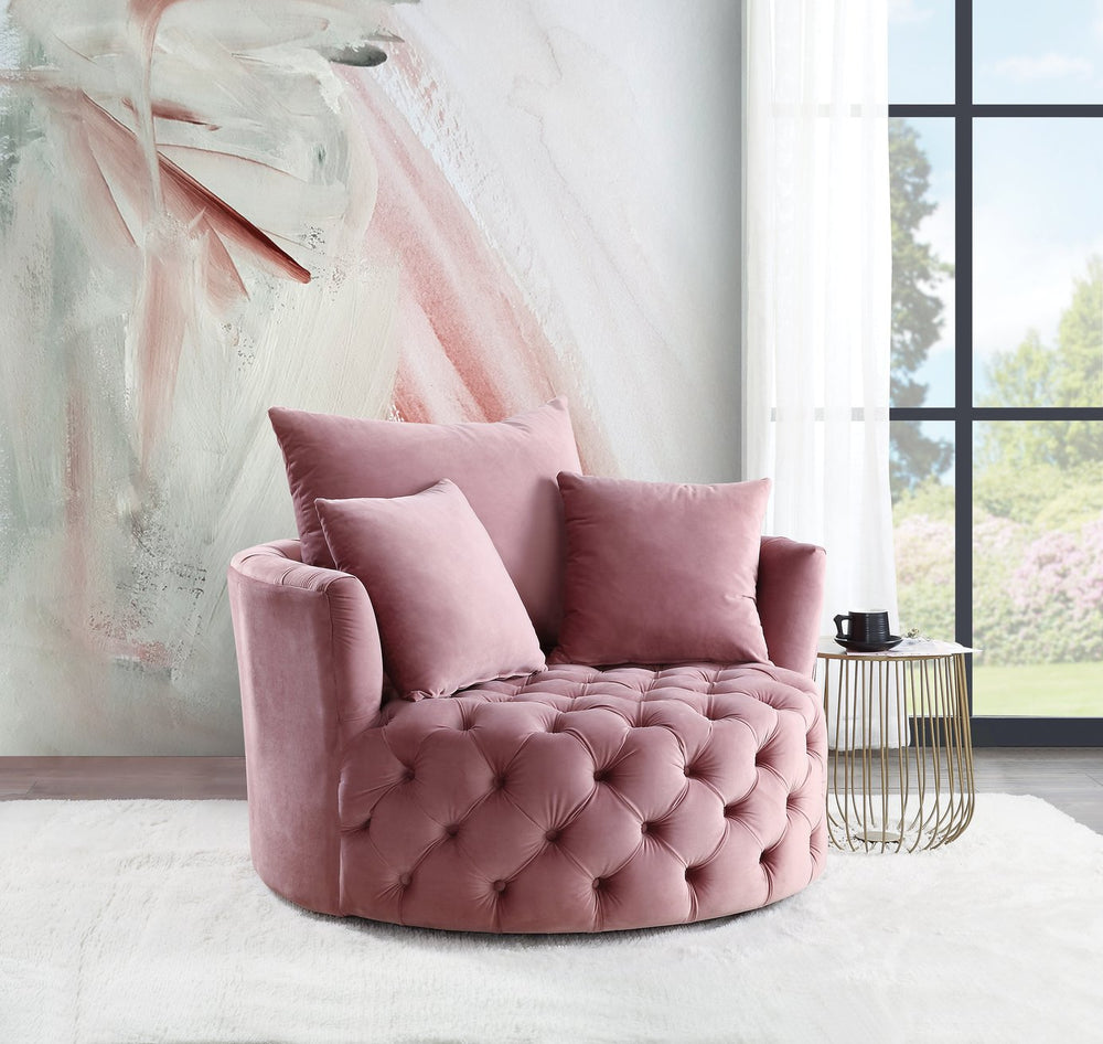 English Elm Zunyas Pink Velvet Accent Chair with 360° Swivel, Tufted Buttons, 3 Plush Pillows & Durable Frame B2726P256293