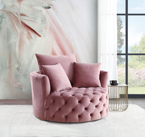 English Elm Zunyas Pink Velvet Accent Chair with 360° Swivel, Tufted Buttons, 3 Plush Pillows & Durable Frame B2726P256293