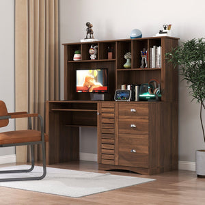 English Elm Home Office Computer Desk with Hutch, Antiqued Finish, Spacious Storage, Waterproof Scratchproof Surface Walnut W331S00186