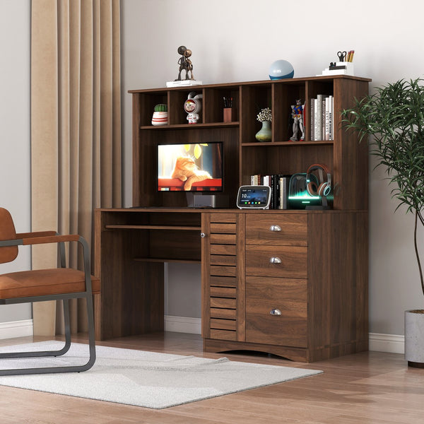 English Elm Home Office Computer Desk with Hutch, Antiqued Finish, Spacious Storage, Waterproof Scratchproof Surface Walnut W331S00186