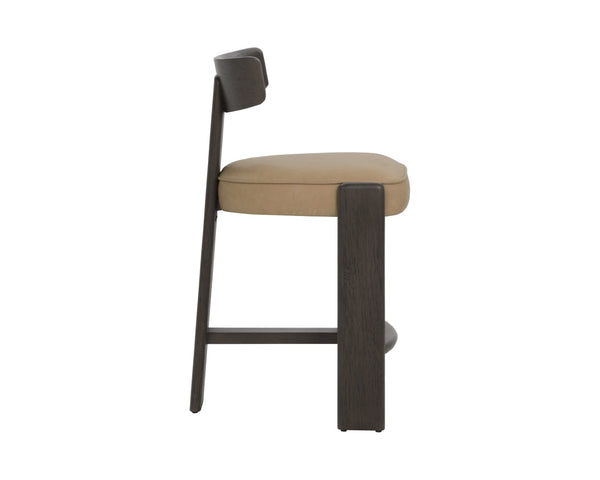 Sunpan HORTON Counter Stool - Dark Brown Oak Frame with Sahara Sand Leather for Ergonomic Comfort & Style 112395