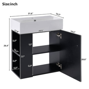 English Elm 21.6 Modern Floating Bathroom Vanity with Ceramic Basin, Wave Door, Rose Gold Handle, Space-Saving Black N729P170390B