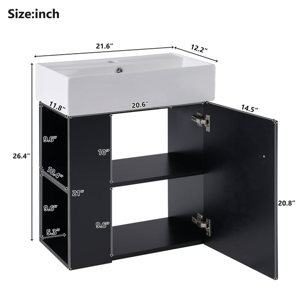 English Elm 21.6 Modern Floating Bathroom Vanity with Ceramic Basin, Wave Door, Rose Gold Handle, Space-Saving Black N729P170390B