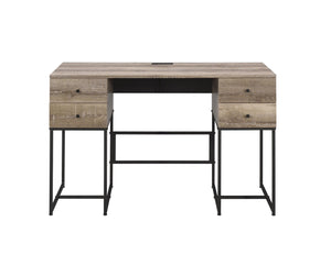 English Elm Desirre Rustic Oak Writing Desk with USB Port, 4 Drawers & Black Metal Sled Base — Industrial Charm B2726P251778
