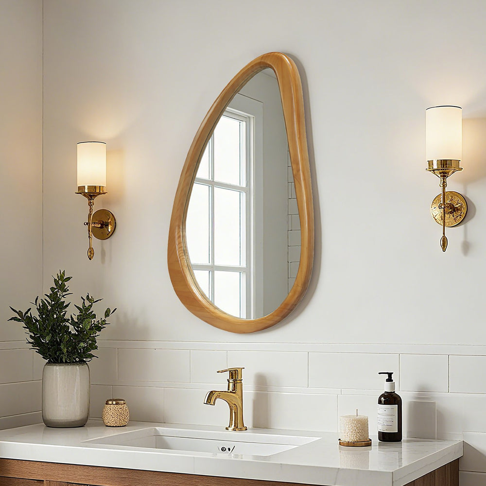 English Elm Modern Irregular Teardrop Wooden Wall Mirror Natural Frame 29.92"x20.08" Mid-Century Vanity Accent W2295P388971